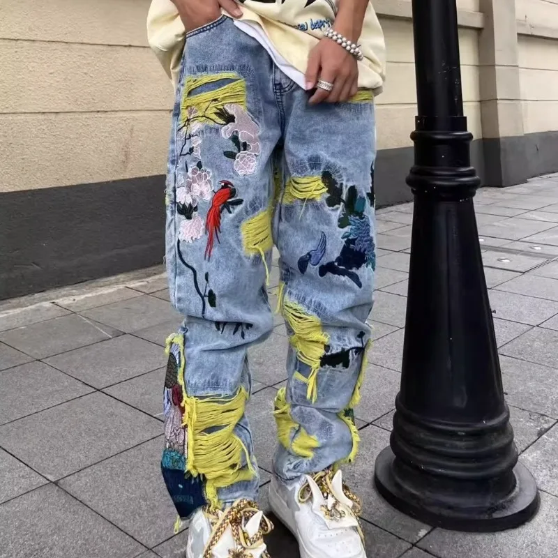 Street Fashion Jeans Men - Amerikan Vintage Hip-Hop Nakış Dilapidated Kot